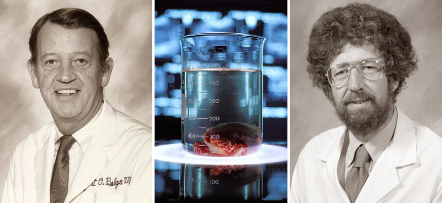 Folkert Belzer and James Southard headshots with a beaker with a preserved organ