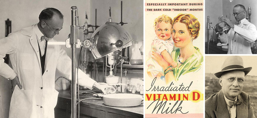 Collage of images of Harry Steenbock and an ad for Irradiated Vitamin D Milk