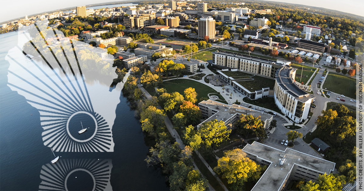 WARF logo over an aerial shot of UW-Madison Campus and Lake Mendota